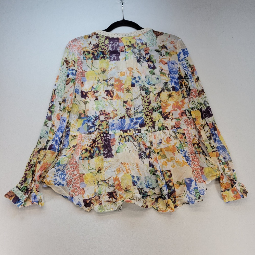 Maeve Blouse Womens 10 Multicolor Boho Patchwork Floral Crochet Lace Trim Top - Picture 2 of 8
